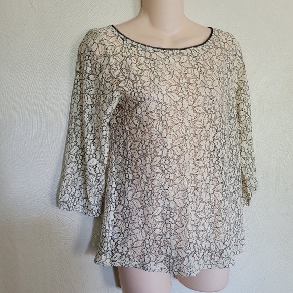 Ann Taylor LOFT Beige Black Lace See-Through Blouse Top Size Women Small Petite - Picture 6 of 13